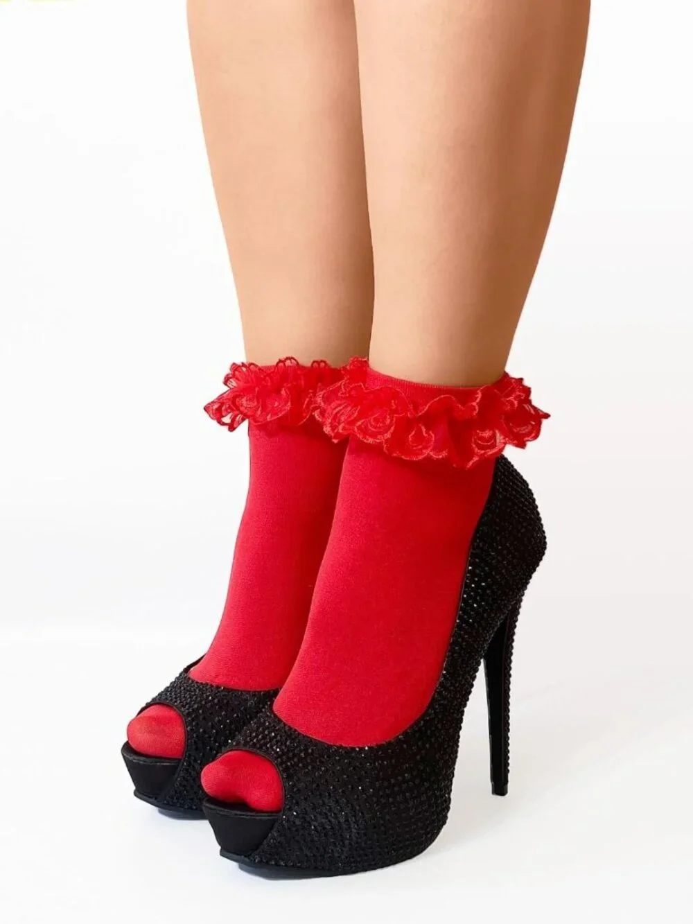 Frilly Ankle Socks with Ruffle Lace Trim - Stylish Nylon Socks for Women
